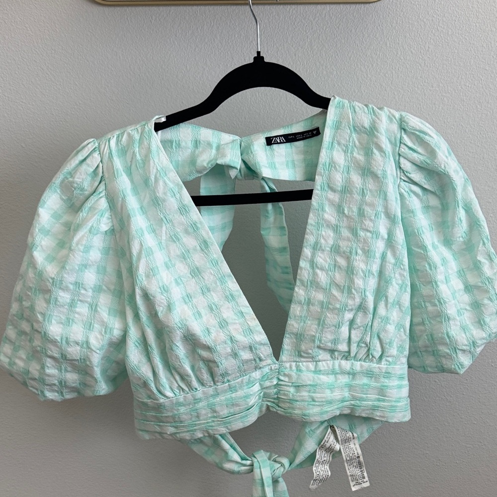 Zara Mint Green Checkered Women's Top size Large